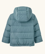 Back of Patagonia little kids hi-loft down sweater hoody jacket in sage blue showing the quilt-through construction