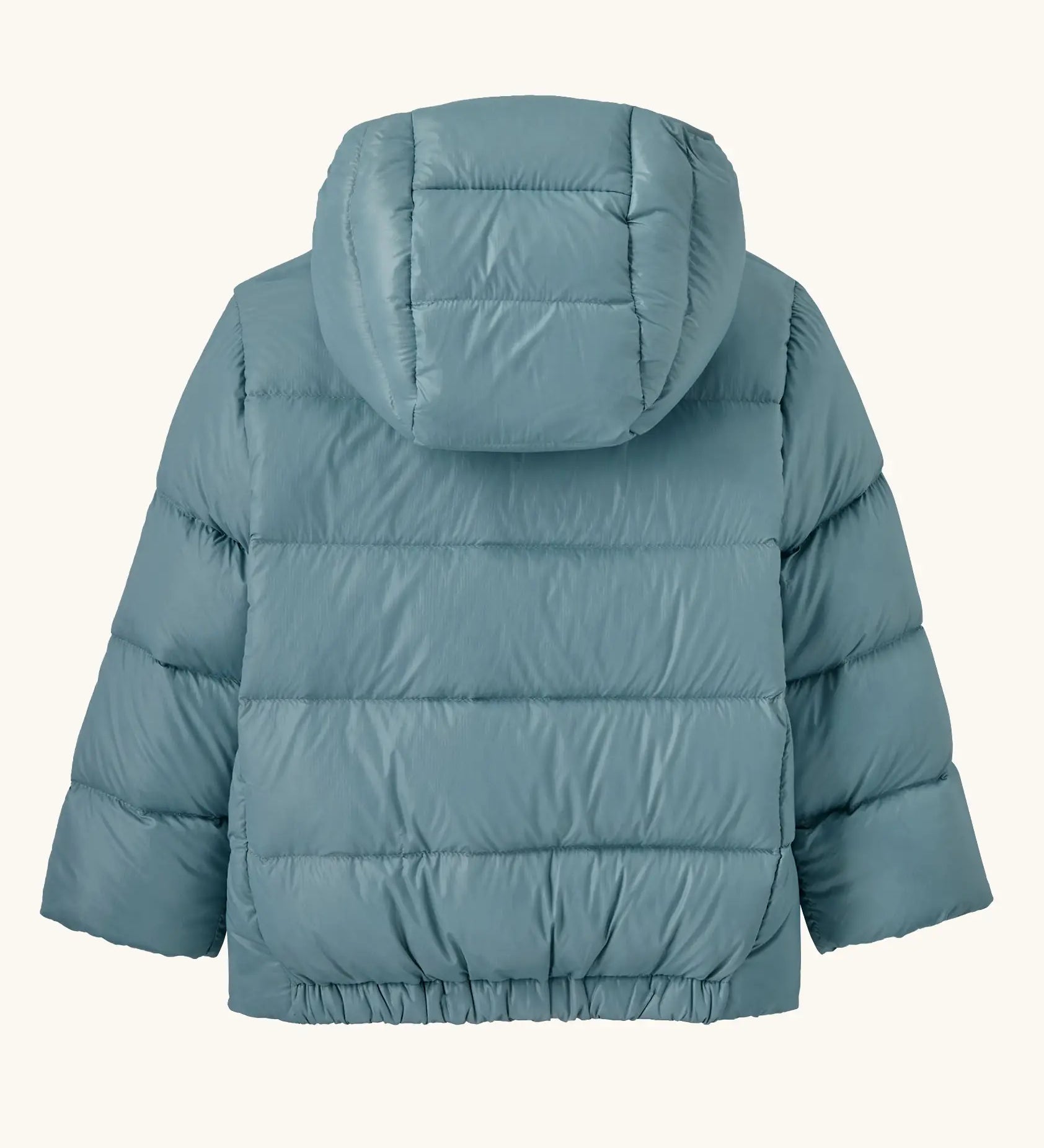 Back of Patagonia little kids hi-loft down sweater hoody jacket in sage blue showing the quilt-through construction