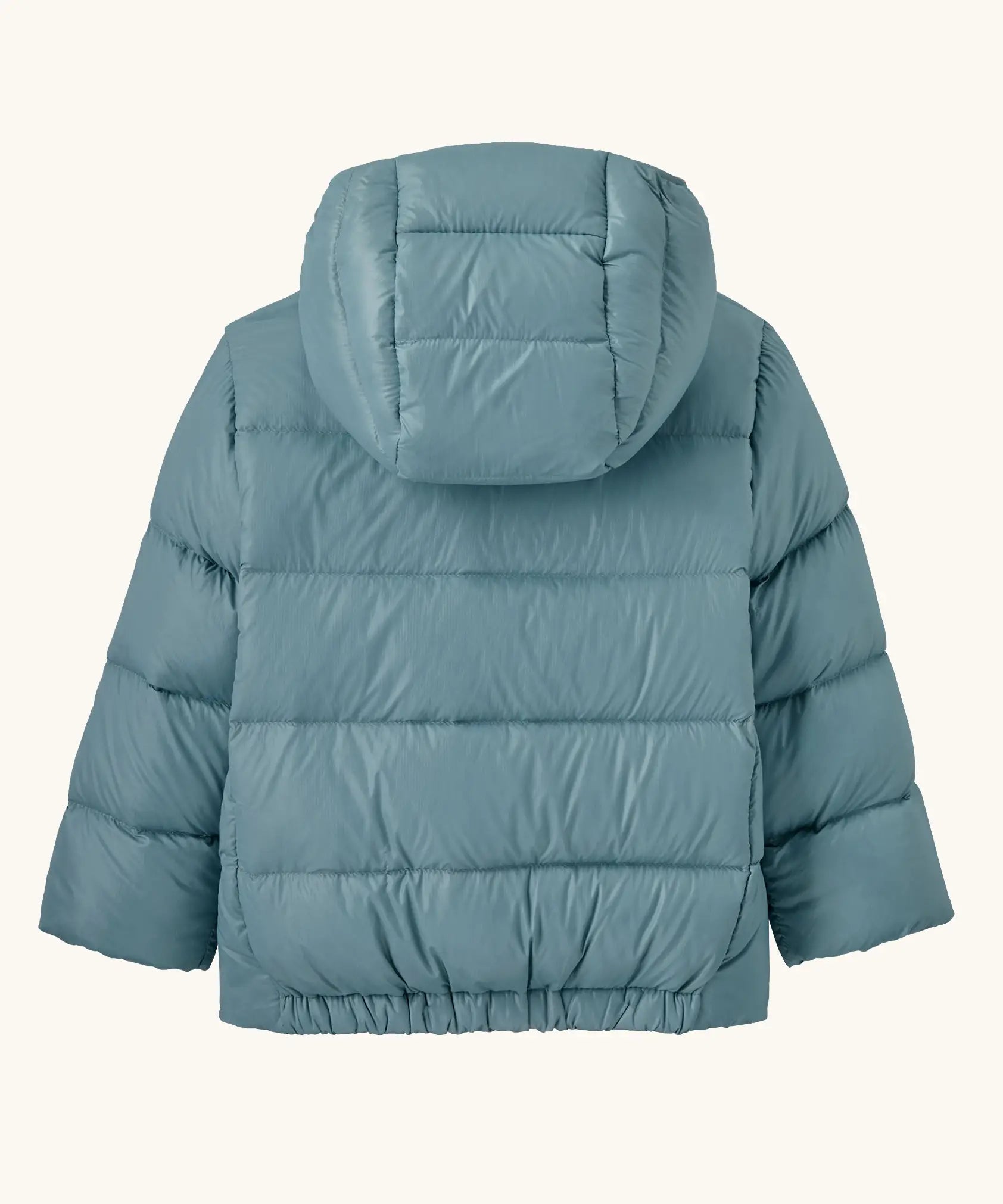 Back of Patagonia little kids hi-loft down sweater hoody jacket in sage blue showing the quilt-through construction