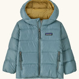 Patagonia little kids hi-loft down sweater hoody jacket in sage blue with yellow inner liner. Features a full length zip and side zip pockets