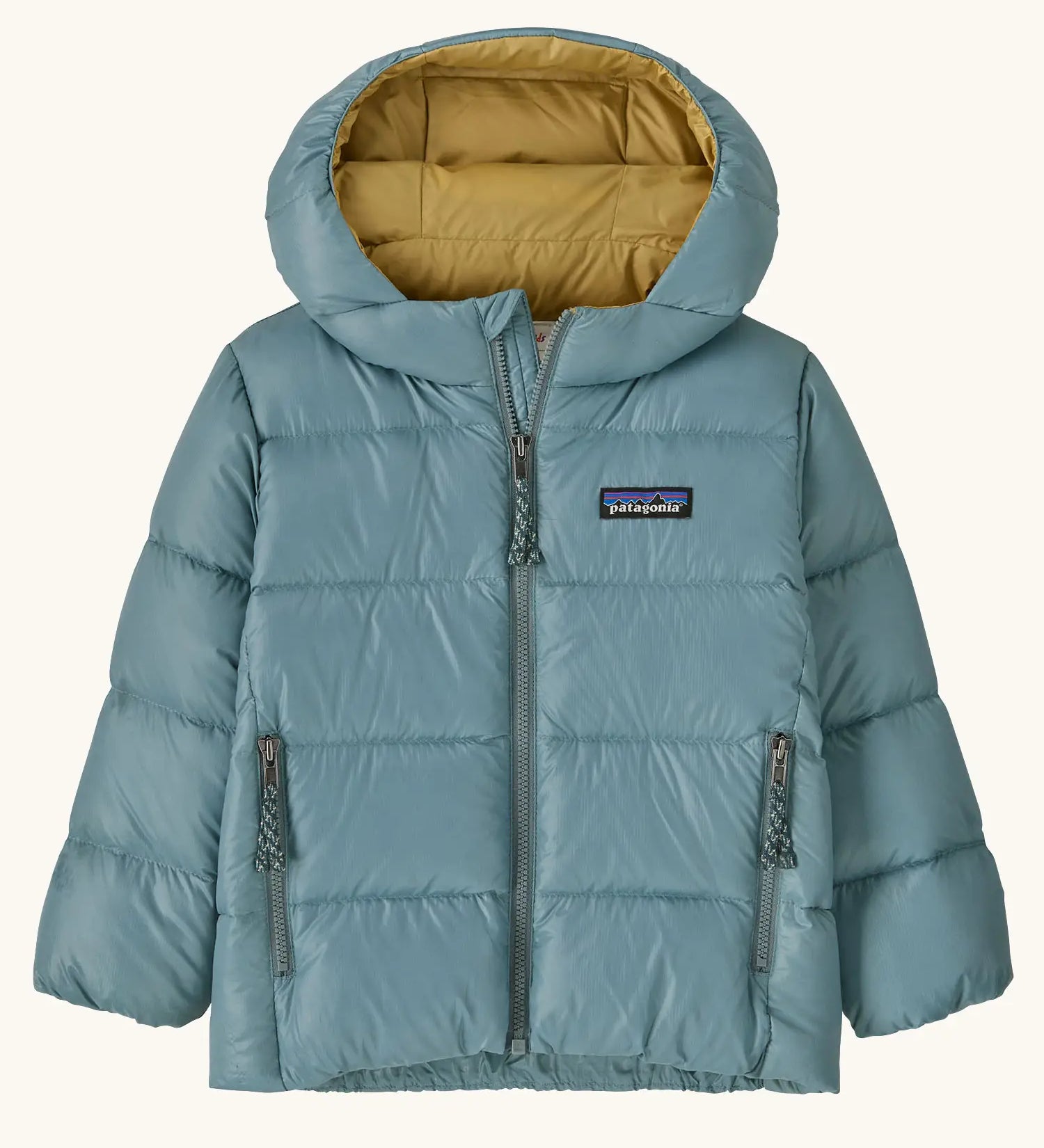 Patagonia little kids hi-loft down sweater hoody jacket in sage blue with yellow inner liner. Features a full length zip and side zip pockets