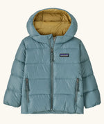 Patagonia little kids hi-loft down sweater hoody jacket in sage blue with yellow inner liner. Features a full length zip and side zip pockets