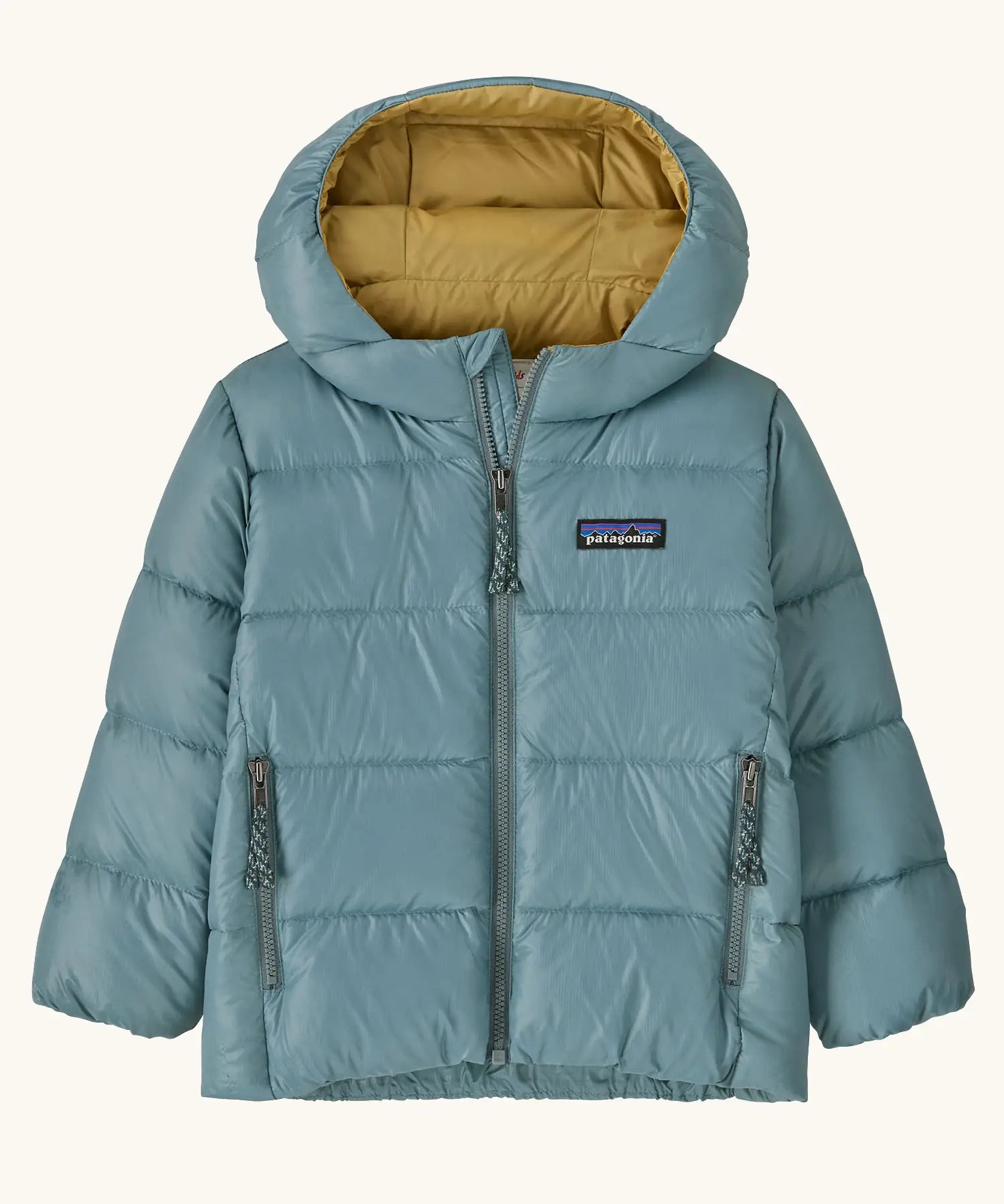 Patagonia little kids hi-loft down sweater hoody jacket in sage blue with yellow inner liner. Features a full length zip and side zip pockets