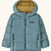 Patagonia little kids hi-loft down sweater hoody jacket in sage blue with yellow inner liner. Features a full length zip and side zip pockets