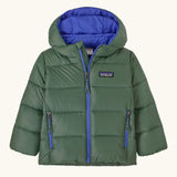 Patagonia little kids hi-loft down sweater hoody jacket in green with blue inner liner. Features a full length zip and side zip pockets