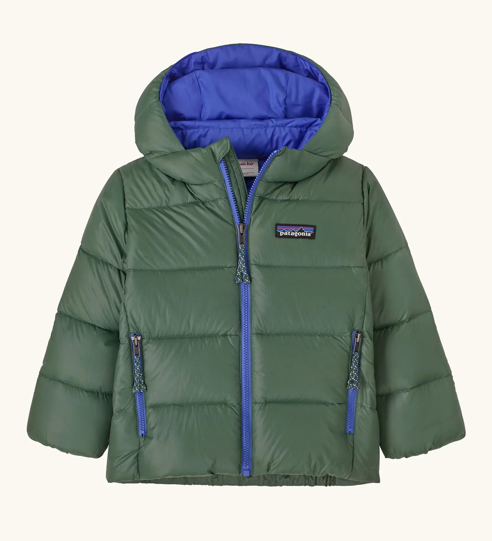 Patagonia little kids hi-loft down sweater hoody jacket in green with blue inner liner. Features a full length zip and side zip pockets