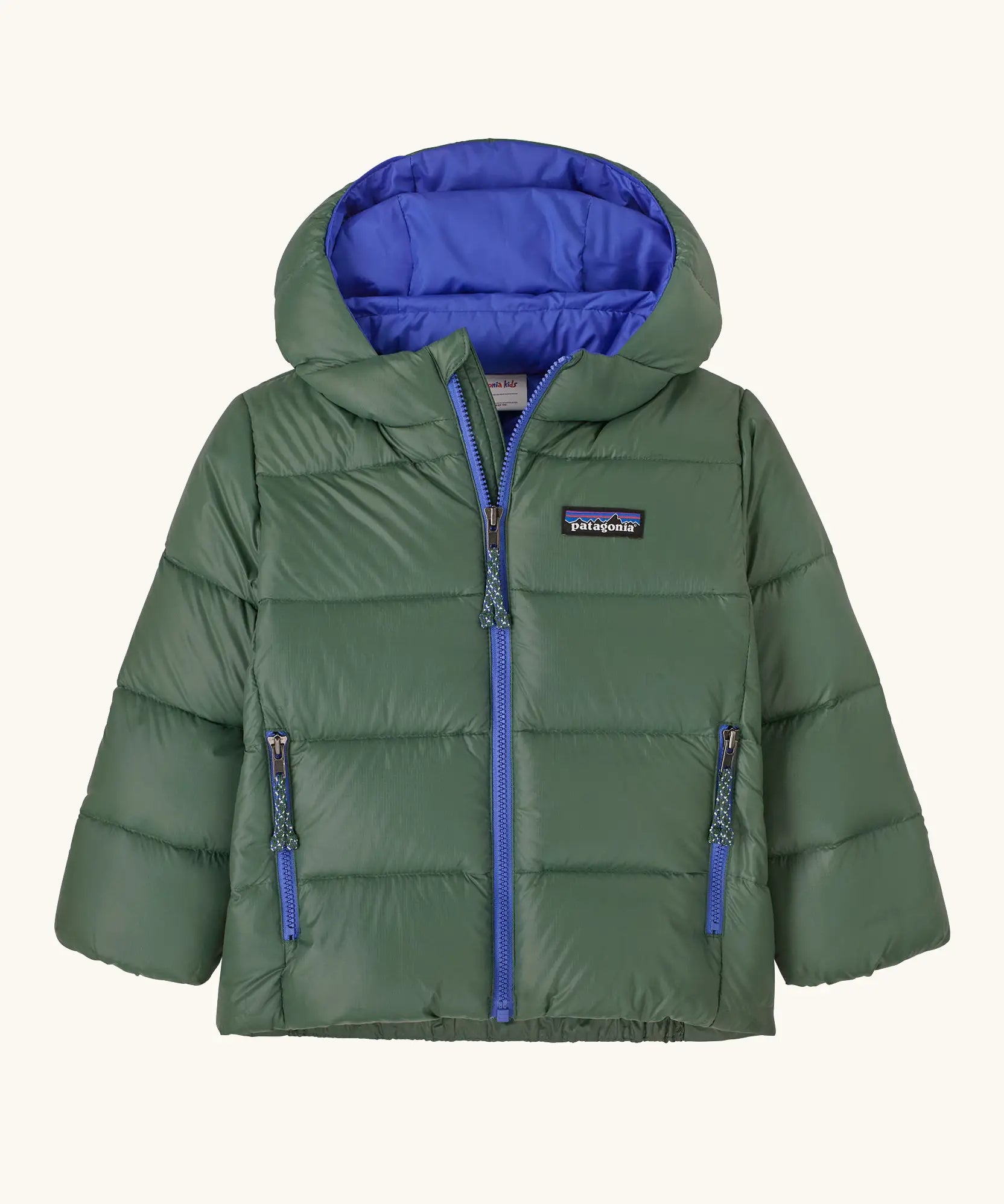 Patagonia little kids hi-loft down sweater hoody jacket in green with blue inner liner. Features a full length zip and side zip pockets