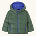Patagonia little kids hi-loft down sweater hoody jacket in green with blue inner liner. Features a full length zip and side zip pockets