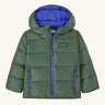 Patagonia little kids hi-loft down sweater hoody jacket in green with blue inner liner. Features a full length zip and side zip pockets