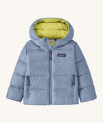 Patagonia little kids hi-loft down sweater hoody jacket in barnacle blue available at Babipur. A warm down hooded jacket in a pale blue colour. Feeatures a full length zip fastener and side zip pockets