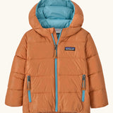 Patagonia little kids hi-loft down sweater hoody jacket in orange with a light blue inner liner. Features a full length zip and side zip pockets
