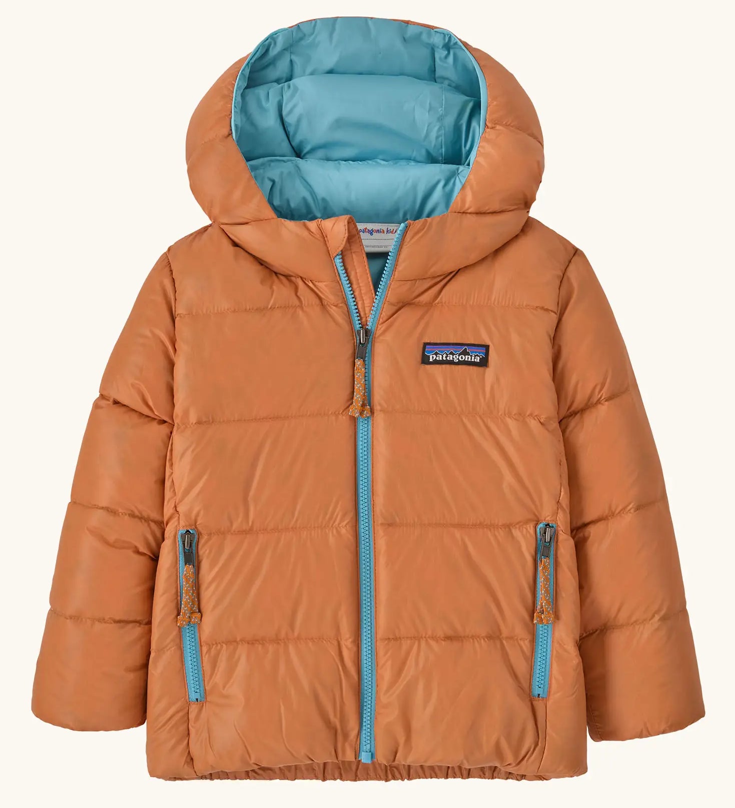 Patagonia little kids hi-loft down sweater hoody jacket in orange with a light blue inner liner. Features a full length zip and side zip pockets