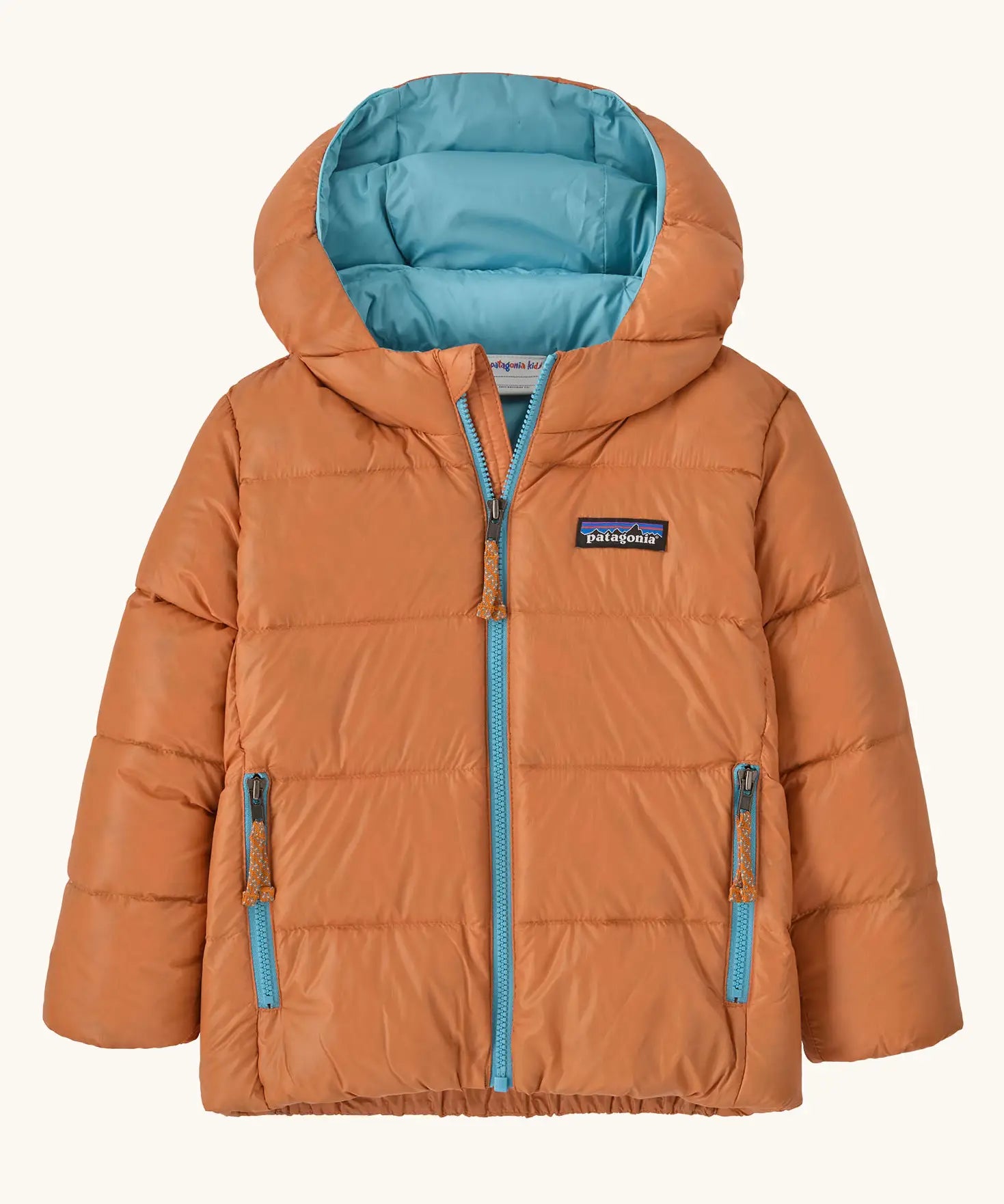 Patagonia little kids hi-loft down sweater hoody jacket in orange with a light blue inner liner. Features a full length zip and side zip pockets