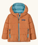 Patagonia little kids hi-loft down sweater hoody jacket in orange with a light blue inner liner. Features a full length zip and side zip pockets