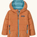 Patagonia little kids hi-loft down sweater hoody jacket in orange with a light blue inner liner. Features a full length zip and side zip pockets