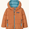 Patagonia little kids hi-loft down sweater hoody jacket in orange with a light blue inner liner. Features a full length zip and side zip pockets