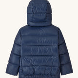 Back of Patagonia little kids hi-loft down sweater hoody jacket in navy showing quilt through construction stitching and elasticated hem