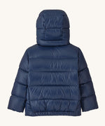 Back of Patagonia little kids hi-loft down sweater hoody jacket in navy showing quilt through construction stitching and elasticated hem