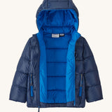An open Patagonia little kids hi-loft down sweater hoody jacket in navy showing the blue inner and quilt through construction stitching. 