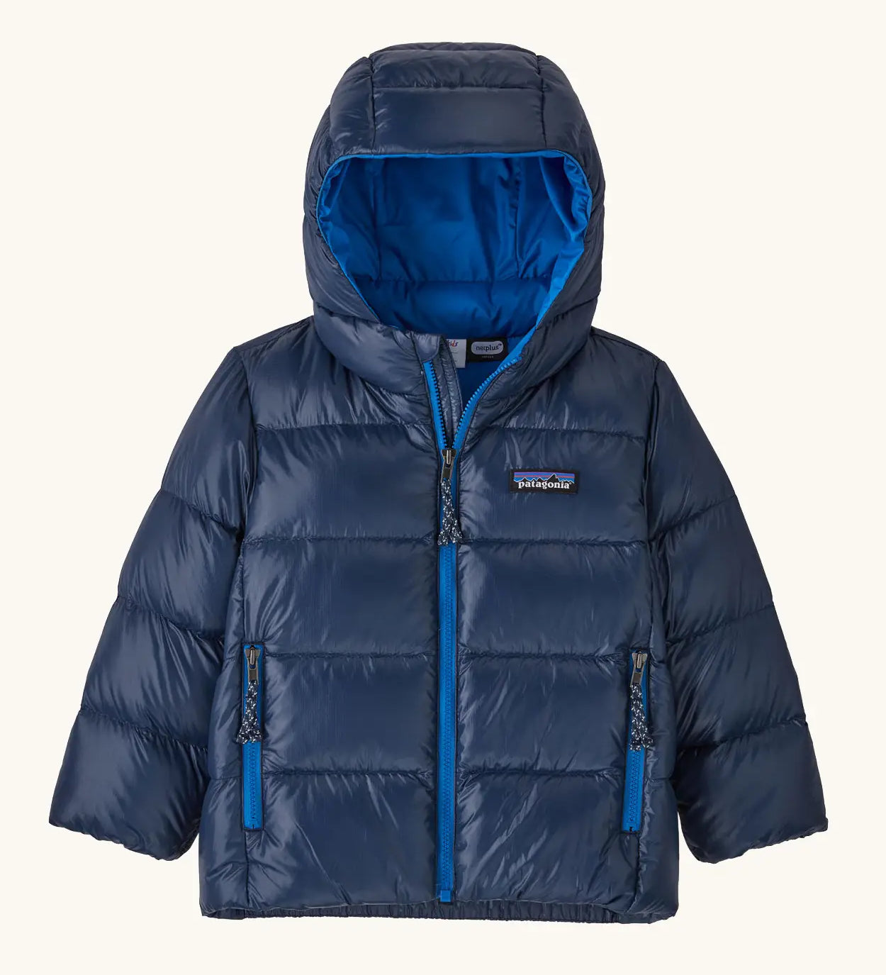 Patagonia little kids hi-loft down sweater hoody jacket in navy with a blue inner liner. Features a full length zip and side zip pockets
