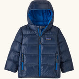 Patagonia little kids hi-loft down sweater hoody jacket in navy with a blue inner liner. Features a full length zip and side zip pockets