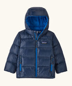 Patagonia little kids hi-loft down sweater hoody jacket in navy with a blue inner liner. Features a full length zip and side zip pockets