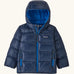 Patagonia little kids hi-loft down sweater hoody jacket in navy with a blue inner liner. Features a full length zip and side zip pockets