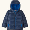 Patagonia little kids hi-loft down sweater hoody jacket in navy with a blue inner liner. Features a full length zip and side zip pockets