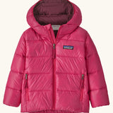 Patagonia little kids hi-loft down sweater hoody jacket in bright pink with purple inner liner. Features a full length zip and side zip pockets