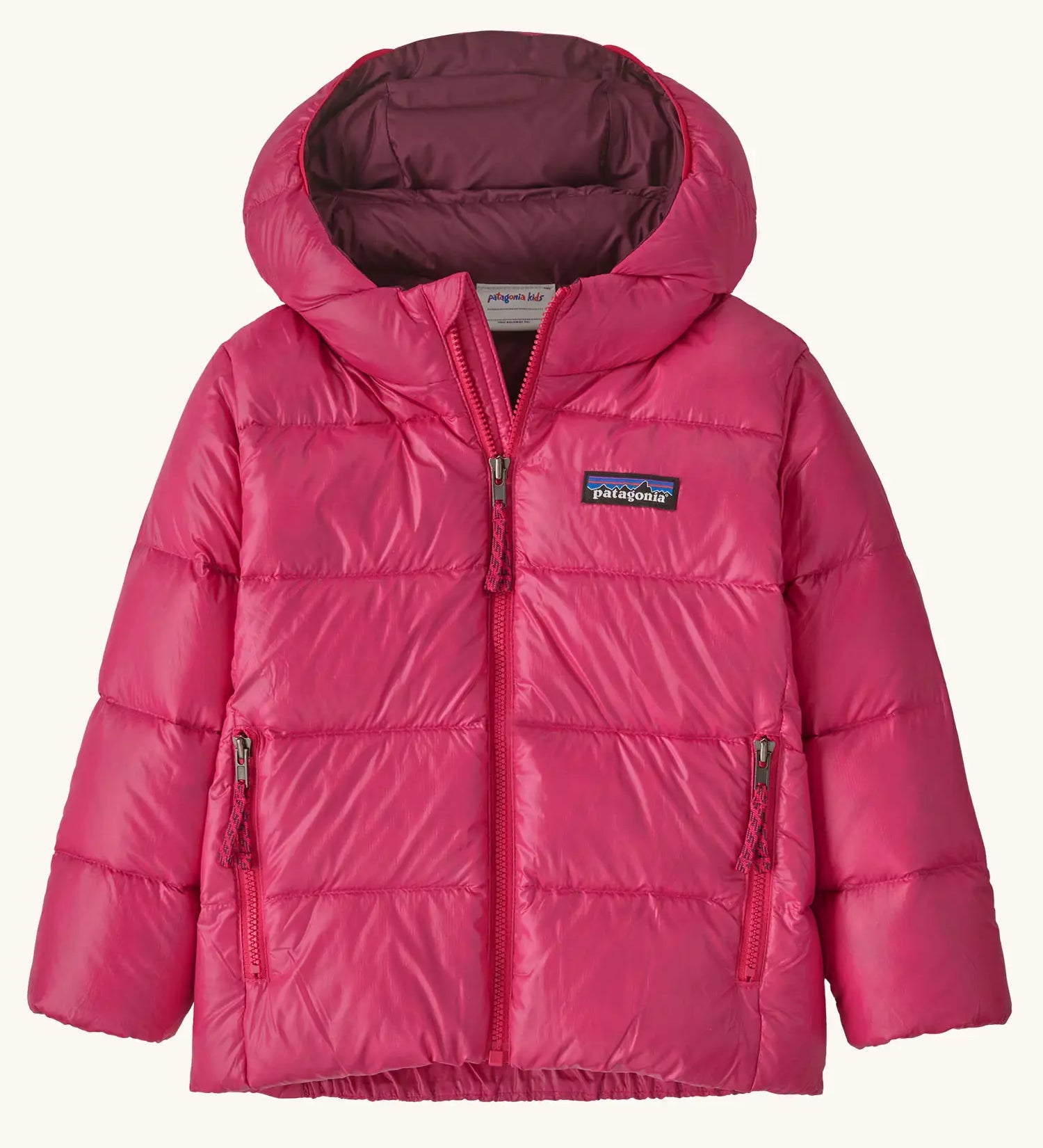 Patagonia little kids hi-loft down sweater hoody jacket in bright pink with purple inner liner. Features a full length zip and side zip pockets