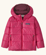 Patagonia little kids hi-loft down sweater hoody jacket in bright pink with purple inner liner. Features a full length zip and side zip pockets