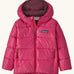 Patagonia little kids hi-loft down sweater hoody jacket in bright pink with purple inner liner. Features a full length zip and side zip pockets