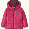 Patagonia little kids hi-loft down sweater hoody jacket in bright pink with purple inner liner. Features a full length zip and side zip pockets