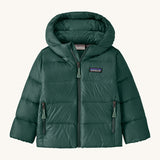 Patagonia little kids hi-loft down sweater hoody jacket in cascade green available at Babipur. A warm down hooded jacket in dark green. Feeatures a full length zip fastener and side zip pockets