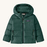Patagonia little kids hi-loft down sweater hoody jacket in cascade green available at Babipur. A warm down hooded jacket in dark green. Feeatures a full length zip fastener and side zip pockets