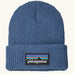 Patagonia little kids knitted beanie in barnacle blue with brand patch on brim. Made from 100% recycled polyester yarn