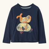 Patagonia 100% organic cotton little kids long sleeve t-shirt in navy with two playful seal prints on the front