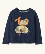 Patagonia 100% organic cotton little kids long sleeve t-shirt in navy with two playful seal prints on the front