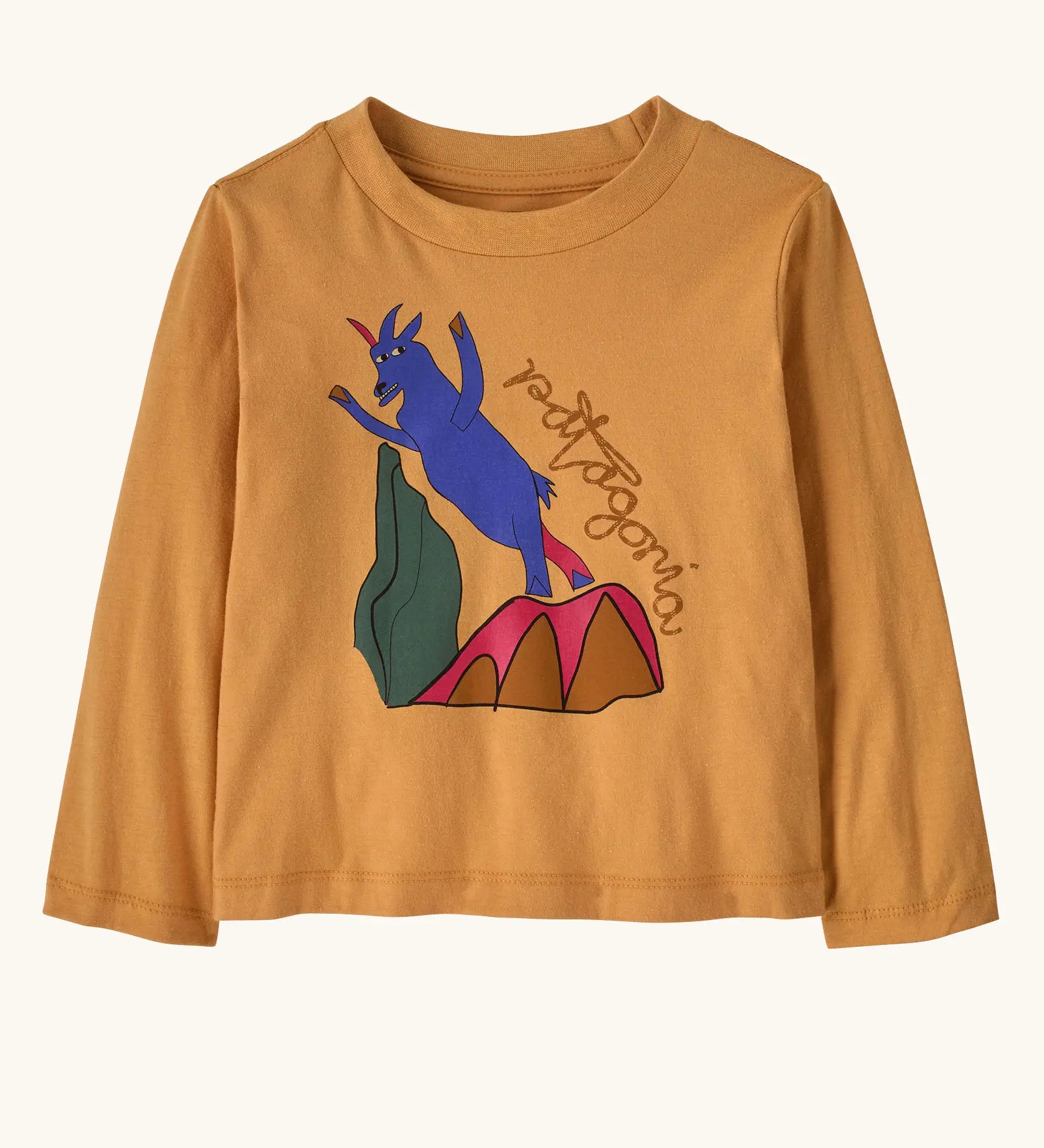 Patagonia 100% organic cotton little kids long sleeve t-shirt in mango orange with a blue mountain goat print on the front. 