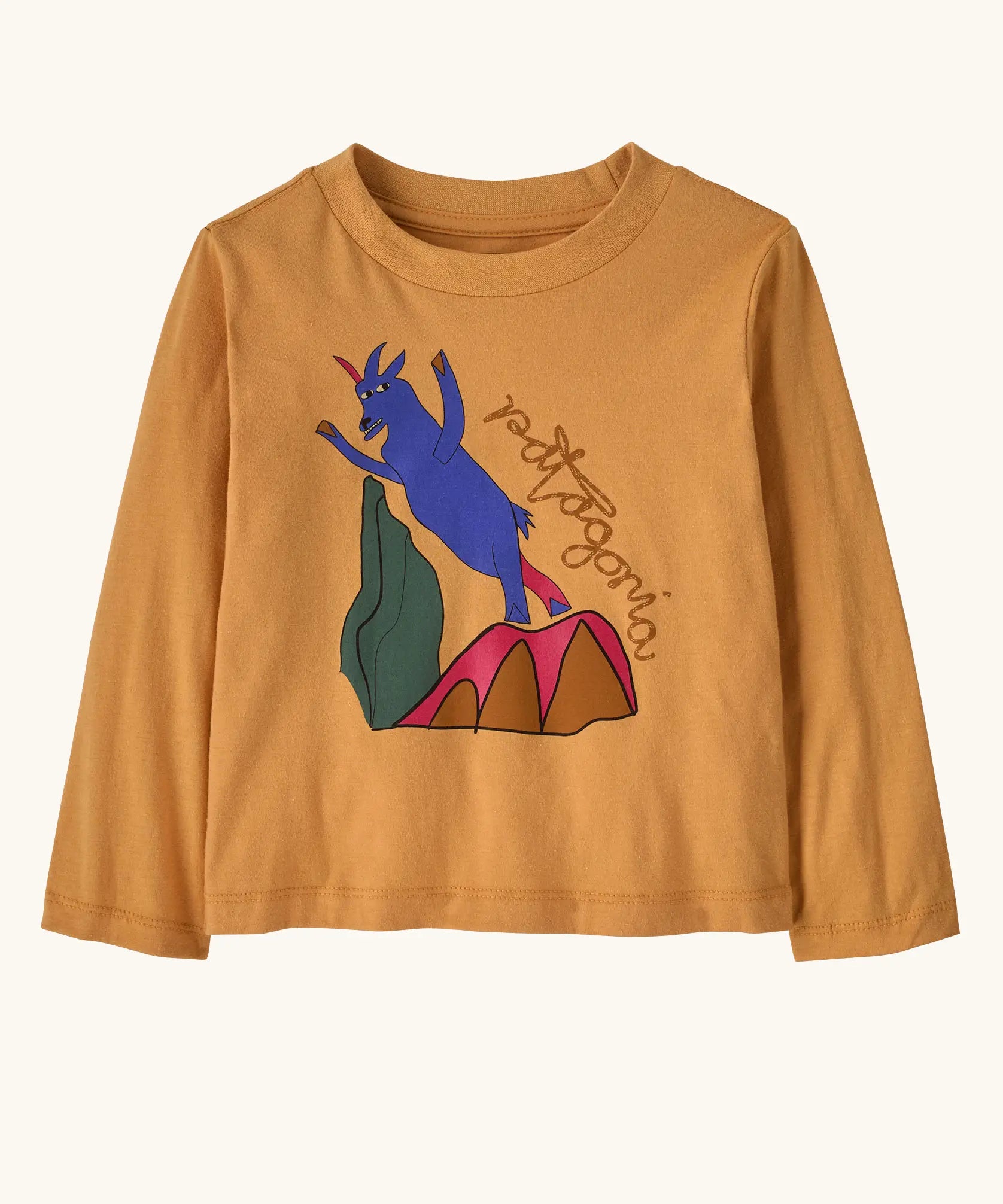 Patagonia 100% organic cotton little kids long sleeve t-shirt in mango orange with a blue mountain goat print on the front. 