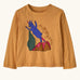 Patagonia 100% organic cotton little kids long sleeve t-shirt in mango orange with a blue mountain goat print on the front. 