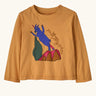 Patagonia 100% organic cotton little kids long sleeve t-shirt in mango orange with a blue mountain goat print on the front. 
