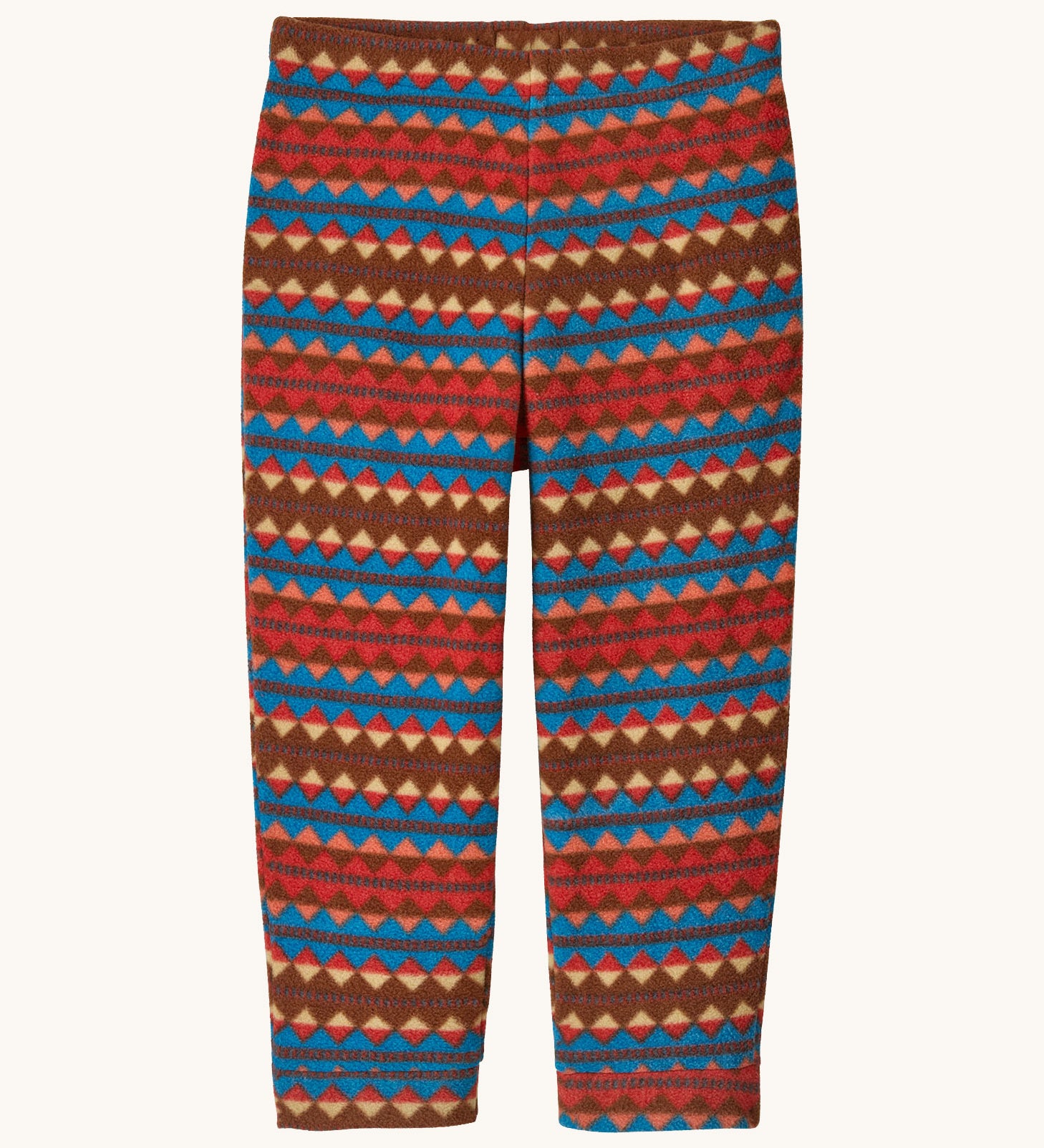 Patagonia little kids micro d bottoms in diamond stripe/sizzle red. available at Babipur A 100% recycled polyester soft fleece trouser with a retro geometric design