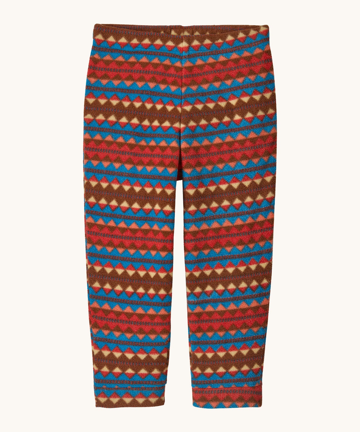 Patagonia little kids micro d bottoms in diamond stripe/sizzle red. available at Babipur A 100% recycled polyester soft fleece trouser with a retro geometric design