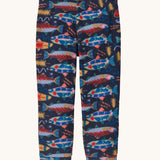 Patagonia little kids micro d bottoms in salmon energy/new navy. A 100% recycled polyester soft fleece style trousers in navy with a funky multicoloured fish design