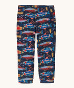 Patagonia little kids micro d bottoms in salmon energy/new navy. A 100% recycled polyester soft fleece style trousers in navy with a funky multicoloured fish design