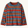 Patagonia kittle kids micro d crew jumper in diamond stripe sizzle red available at Babipur. A 100% recycled polyester soft fleece jumper with a triangular geometric pattern design in red blue brown and cream