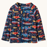 Patagonia kittle kids micro d crew jumper in salmon energy/new navy available at Babipur. A 100% recycled polyester soft fleece jumper in navy with a funky multicoloured fish pattern design 