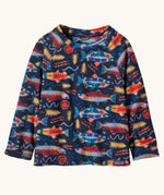 Patagonia kittle kids micro d crew jumper in salmon energy/new navy available at Babipur. A 100% recycled polyester soft fleece jumper in navy with a funky multicoloured fish pattern design 