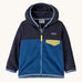 Patagonia little kids micro d snap t jacket in clement blue available at Babipur. A 100% recycled polyester soft fleece hooded jacket in dark navy and blue with light blue trim. Features a full length zip and small chest pocket with a yellow flap